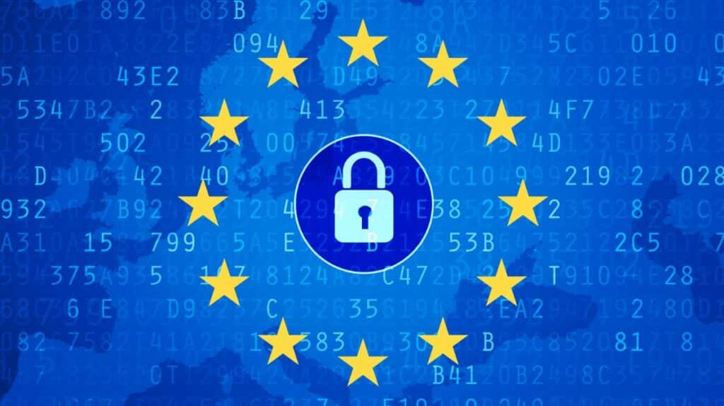 Le drapeau de l'Union européenne avec un cadenas au milieu superposé à une carte de l'Europe