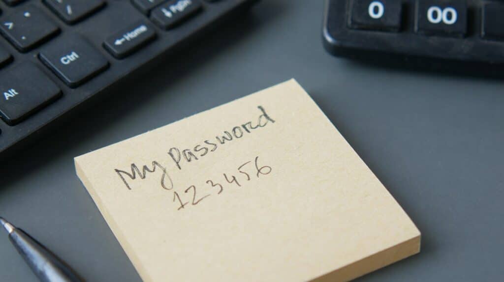 Un Post-It placé sur un bureau de travail avec la phrase My Password 123456 écrite