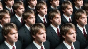 Des clones d'un employés regardant à droite.